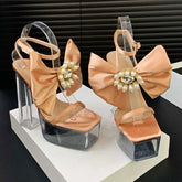 LBSFY  -  Satin Bows Transparent Sandals Women Pumps Square Head Party Dress Bridal Shoes Summer Sexy Crystal Platform High Heels Ladies